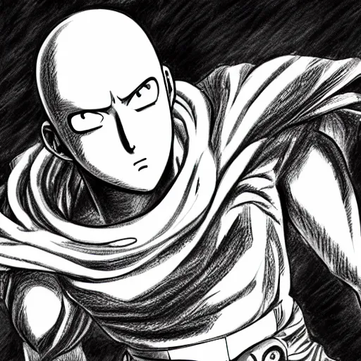 Image similar to highly detailed drawing of Saitama from One Punch Man, drawn in the style of Kentaro Miura, 4k, maximalist