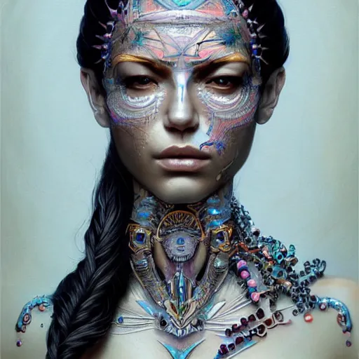 Prompt: a robotic goddess, tattoo face, jewelry skin, highly detailed, digital painting, smooth, sharp, beautiful face, expressive eyes, highly intricate, art by greg rutkowski and alex gray
