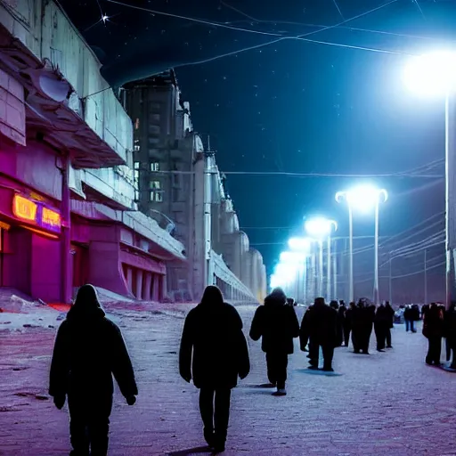 Image similar to people are walking past plasma vehicles, back from work in a Russian cyberpunk city called Neo Norilsk on the Moon, pitch black sky with stunning bright stars, bright sun, diverse, lively, black sky full of stars, blinding bright sun, sci-fi, lots of flying cars, levitation, cyberpunk outfits, photorealistic, grainy, 35mm, intricate, very very beautiful, elegant, smooth, cinematic, Unreal Engine 5, by Beeple, trending on Artstation HD