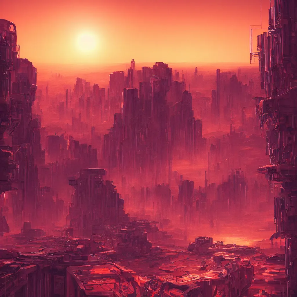 Prompt: the sun is setting over a city on mars, cyberpunk art by alena aenami, featured on deviantart, digital art, matte drawing, matte painting, speedpainting