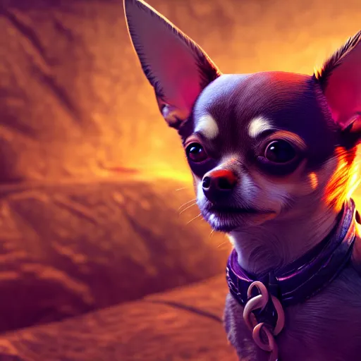 Image similar to a transcendent chihuahua living in an extradimensional reality, in the style of wlop, illustration, epic, fantasy, hyper detailed, smooth, unreal engine, sharp focus, ray tracing, physically based rendering, renderman, beautiful