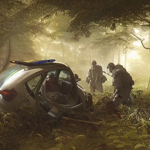 Prompt: a [ team of scientists, police officers, and news reporters ] surround a crashed ufo in the [ middle of a forest ]!!, [ digital art ]!!, trending on cgsociety, 4 k quality, illustrated by greg rutkowski, mary anning, peder balke, balthus, and gaston bussiere