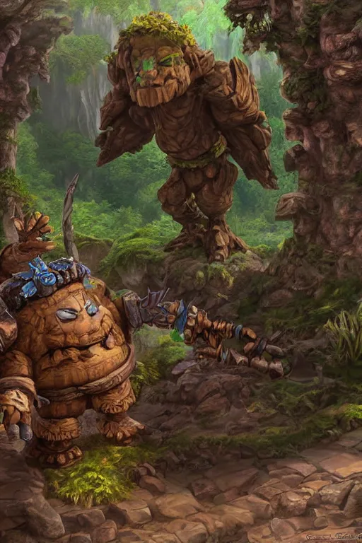 Image similar to zelda fantasy art giant golem troll wood rock greeble gemstone, global illumination ray tracing hdr fanart arstation by sung choi and eric pfeiffer and gabriel garza and casper konefal