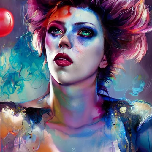 Image similar to drunken scarlett johansson as delirium from sandman, one green eye and one blue eye, ( hallucinating colorful soap bubbles ), by jeremy mann, by sandra chevrier, by dave mckean and richard avedon and maciej kuciara, 8 0's, punk rock, tank girl, high detailed, 8 k