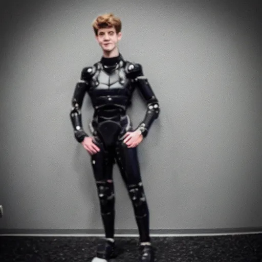 Image similar to “a realistic detailed photo of a guy who is an attractive humanoid who is half robot and half humanoid, who is a male android, twitch streamer Ninja Tyler Blevins, shiny skin, posing like a statue, blank stare, at the door entrance, display”