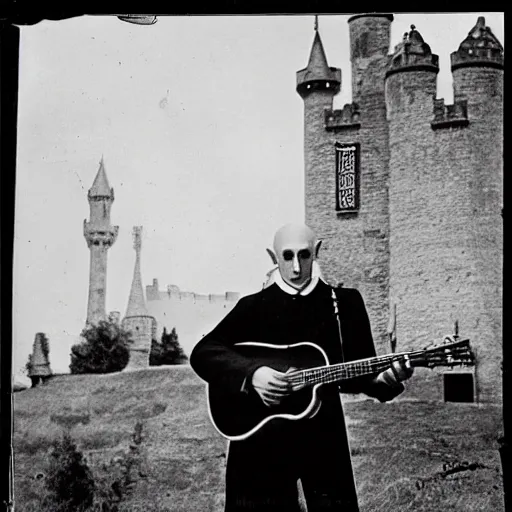 Image similar to vintage photograph of count orlok outside his castle, playing the blues on guitar, castle in the background, 4 k