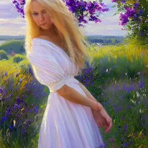 Image similar to blonde woman, dress, swedish countryside, archipelago, morning, masterpiece, highly detailed, beautiful, atmospheric, impressionism, painting by Vladimir Volegov