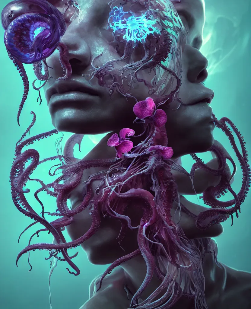 Image similar to goddess close - up portrait human skull, ram skull, squid phoenix jellyfish, orchid, betta fish, bioluminiscent, intricate artwork by tooth wu and wlop and beeple. octane render, trending on artstation, greg rutkowski very coherent symmetrical artwork. cinematic, hyper realism, high detail, octane render, 8 k