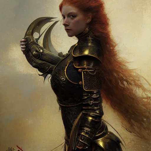 Prompt: young redheaded woman, wearing black and gold ornamental medieval armour, detailed, by gaston bussiere, bayard wu, greg rutkowski, giger, maxim verehin, greg rutkowski, masterpiece, sharp focus, illustration, highly detailed, digital painting, concept art, matte, natalie dormer