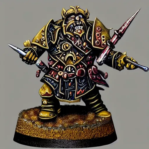 Image similar to chaos dwarf smith in the style of warhammer fantasy : : head and torso oil painting