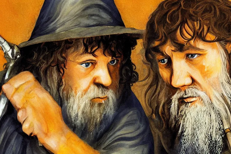 Image similar to gandalf and hobbit frodo painted in the style of francis bacon, expressionist, 4 k, realistic