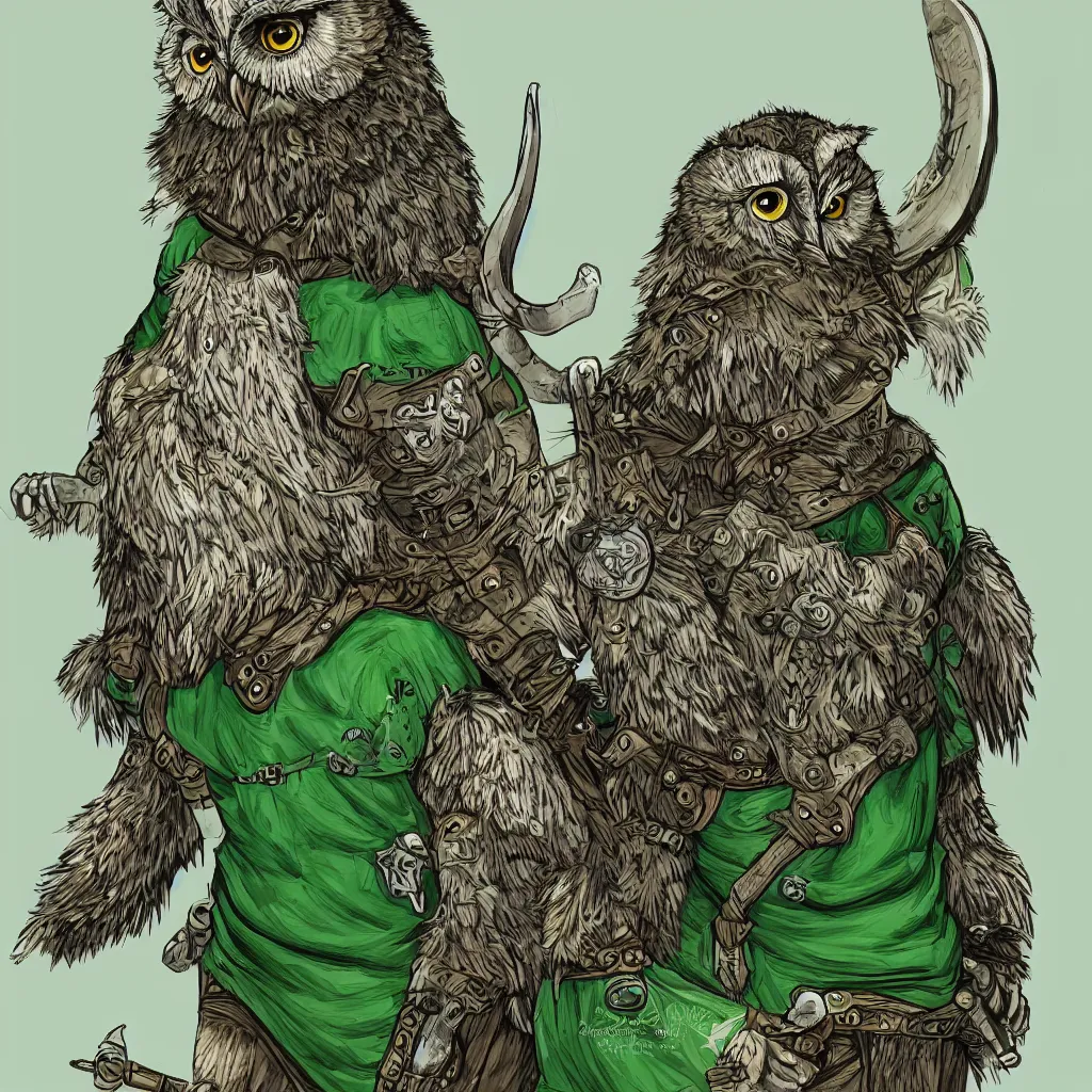 Prompt: A highly detailed, realistic anthropomorphic owl going to adventure wearing a horned viking helmet, shield, and green shirt. Commission by Sparrow.