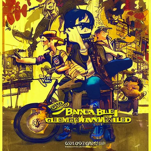 Image similar to The Banana Blue Gang, game poster printed on playstation 2 video game box , Artwork by Akihiko Yoshida, cinematic composition