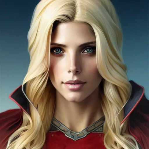 Prompt: Ashley Greene with blonde hair as Super Girl, western, D&D, fantasy, intricate, elegant, highly detailed, digital painting, artstation, concept art, matte, sharp focus, illustration, art by Artgerm and Greg Rutkowski and Alphonse Mucha