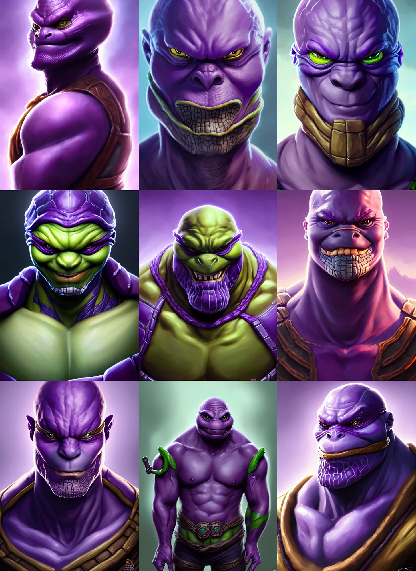 Prompt: a fantasy style portrait painting a character if leonardo turtle ninja and thanos had a son, purple skin, powerful chin, teenage mutant ninja turtles style traits, painting, unreal 5, daz., rpg, portrait, extremely detailed, artgerm greg rutkowski _ greg