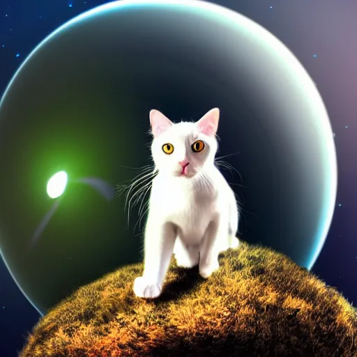 Prompt: white and black cat with green eyes setting planet earth on fire, fisheye lens, paws on top of planet