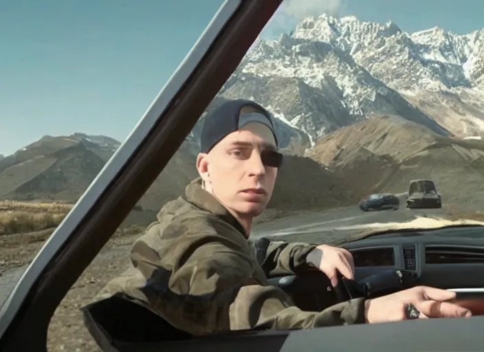 Image similar to a very high resolution image from a new movie, eminem in a car car. inside of a car. alone. mountains, directed by wes anderson