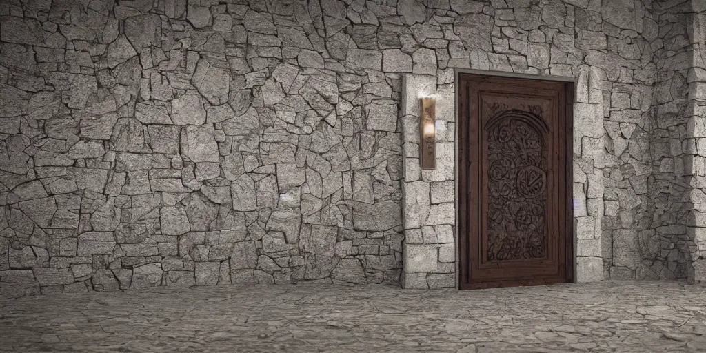 Prompt: 3 d render of a mystical door, ultra detailed with carved stone