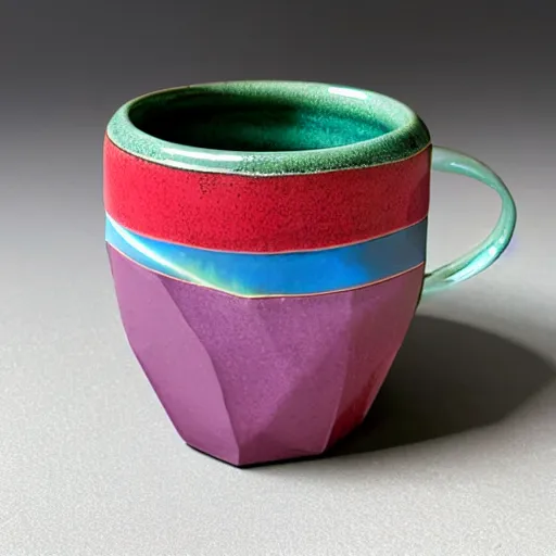 Prompt: avant - garde geometric ceramic mug with bright iridescent glaze