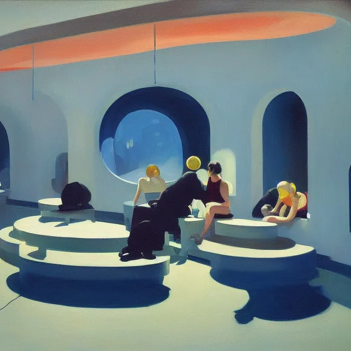 Image similar to round metaballs belting together and dripping on the floor, painted by Edward Hopper, painted by James Gilleard, surrealism, airbrush