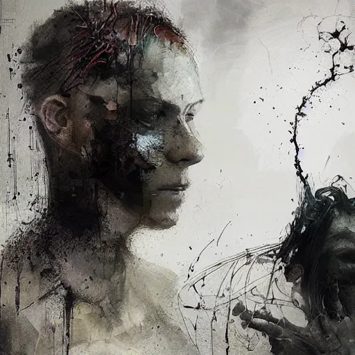 Image similar to a man stealing dreams from a young woman by emil melmoth zdzislaw belsinki craig mullins yoji shinkawa realistic render ominous detailed photo atmospheric by jeremy mann francis bacon and agnes cecile ink drips paint smears digital glitches glitchart