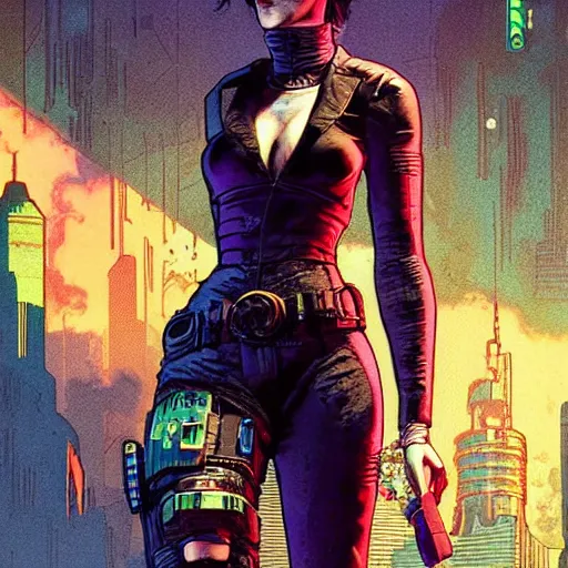 Image similar to selina. cyberpunk mercenary smoking a cigar. Style of James Gurney and Mœbius. (Cyberpunk 2077. Blade Runner. Apex Legends. The matrix)