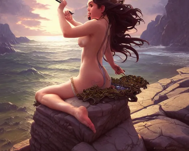 Image similar to a siren on the rocks singing, deep focus, d & d, fantasy, intricate, elegant, highly detailed, digital painting, artstation, concept art, matte, sharp focus, illustration, hearthstone, art by artgerm and greg rutkowski and alphonse mucha