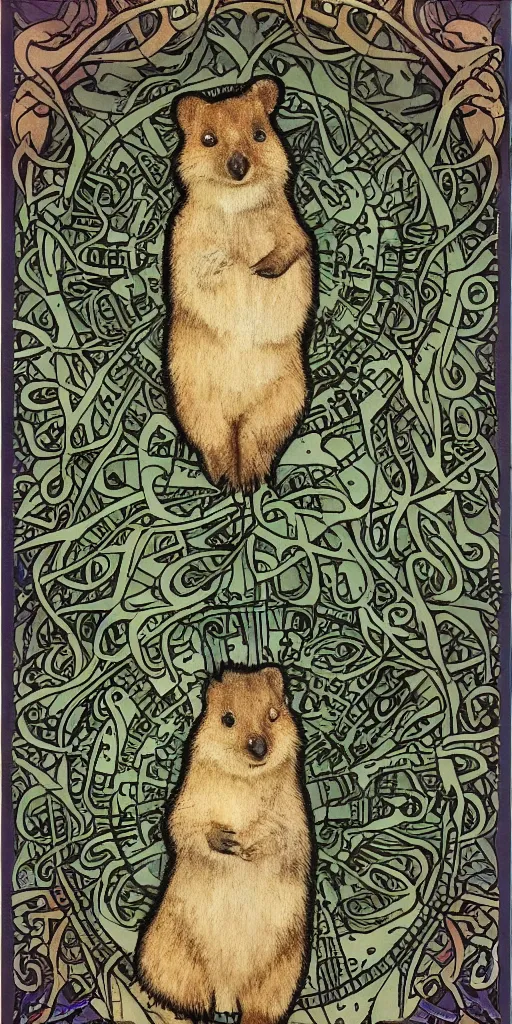 Image similar to a quokka in the style of mucha