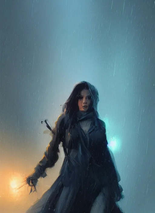 Prompt: an Aura huntress, raining, mist by Denis Villeneuve, greg rutkowski and thomas kinkade, Finnian MacManus, Syd Mead, Trending on artstation, black and blue scheme, 8k, wide-angle lens, Unreal Engine