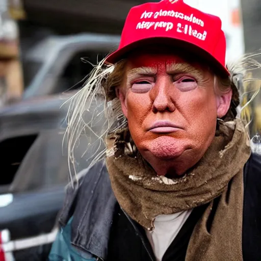 Image similar to donald trump dressed as a homeless man living in the slums