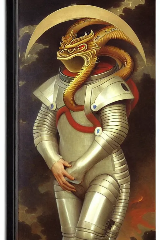 Image similar to a astronaut his haed is chinese dragon head, in armor and helmet, by bouguereau