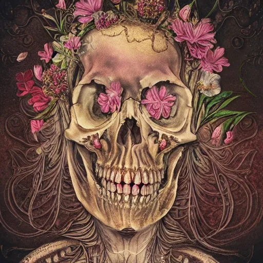 Image similar to a beautiful detailed front view baroque portrait of a rotten woman corpse becoming almost a skull with fractal plants and fractal flowers and mushrooms growing around, intricate, ornate, volumetric light, beautiful lit, polaroid photography