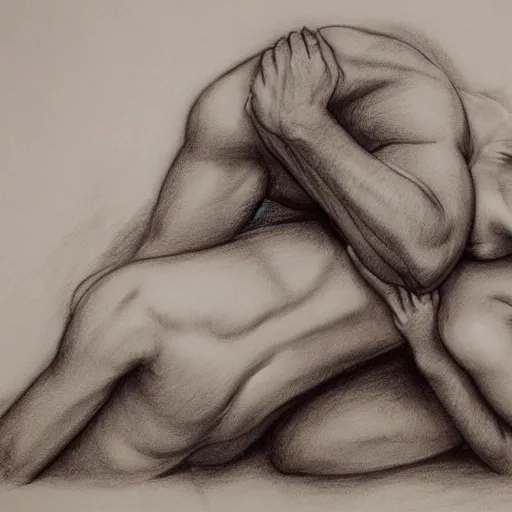 Image similar to dramatic event between lovers, pencil sketch, 2 man, almost stroking, tears, low water, white colors