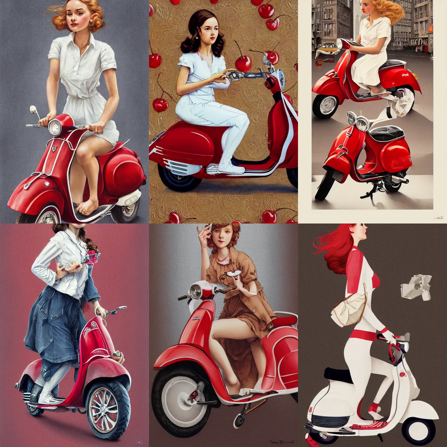 Prompt: a poster of a cute young woman and her white and cherry red vespa on white background, intricate, highly detailed, digital painting, artstation, concept art, smooth, sharp focus, illustration, art by norman rockwell, emiliano ponzi, andrey remnev, yoann lossel, aaron jasinski, 8 k