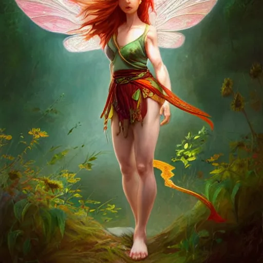 Image similar to beautiful natural fairy small winged redhead martial artist karate fey fae muscular body shortsword unseelie summer, kung fu, vivid colors, intricate, elegant, highly detailed, digital painting, artstation, concept art, smooth, sharp focus, illustration, art by artgerm and greg rutkowski and alphonse mucha and loish and wlop