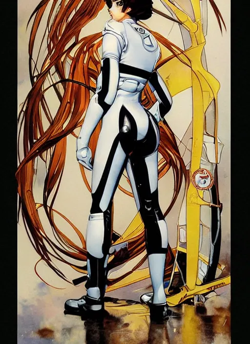 Prompt: a copic maker art nouveau manga cover portrait of an anime pale edgy girl on a futuristic latex pilot suit by john berkey norman rockwell