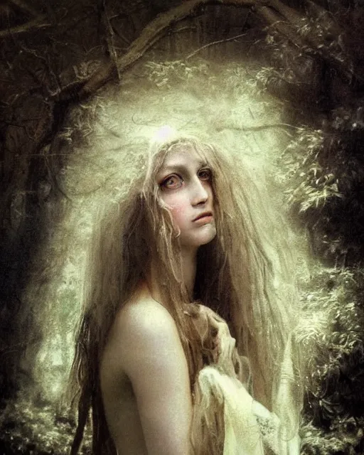 Prompt: a beautiful and eerie baroque painting of a gorgeous young woman in dead space, with wild hair and haunted eyes, 1 9 7 0 s, woodland, afternoon light, delicate ex embellishments, painterly