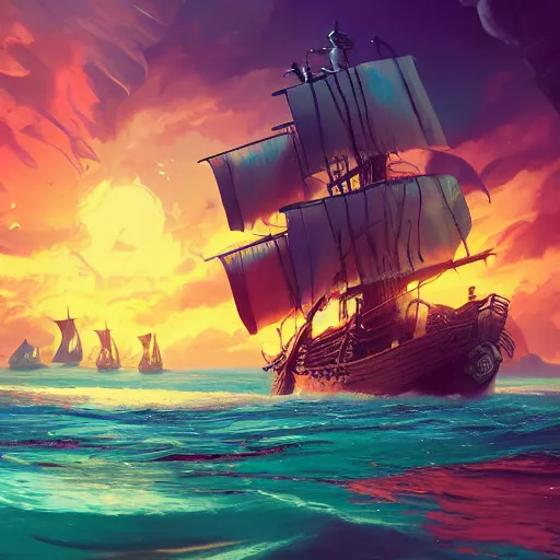 Image similar to a large pirate ship floating on top of a body of water, pirates flag, cgsociety, fantasy art, 2 d game art, concept art, heavenly lighting, retrowave, behance hd, concept art by jesper ejsing, by rhads, makoto shinkai cyril rolando, madgwick