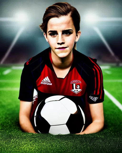 Image similar to a portrait of emma watson as a lokomotiv football player, hyper realistic