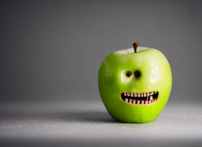 Image similar to photo still of an apple with human teeth, 8 k, studio lighting bright ambient lighting key light, 8 5 mm f 1. 8