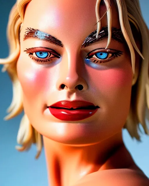 Image similar to a beautiful lively sculpture of margot robbie made from honey, backlit, refraction, warm lighting masterpiece