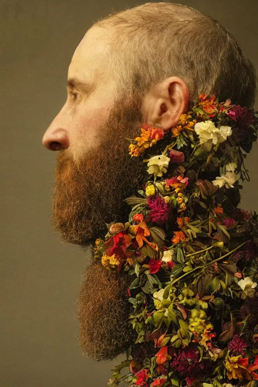 Image similar to a man's face in profile, with a long beard made of flowers and fruit, in the style of the Dutch masters and Gregory crewdson, dark and moody