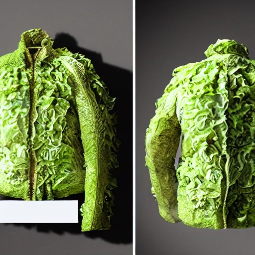 Prompt: jacket made out of cabbage, photorealistic, studio, detailed