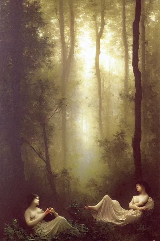 Image similar to moody painting of purple morning glory flowers vining and growing in a forest dimly lit at night. foggy volumetric darkness, muted colour palette oil painting on canvas william - adolphe bouguereau