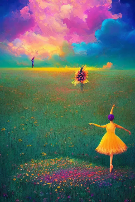 Prompt: giant daisy flower as head, girl ballet dancing in a flower field, surreal photography, sunrise, dramatic light, impressionist painting, colorful clouds, digital painting, artstation, simon stalenhag