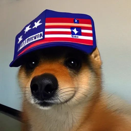 Image similar to doge wearing a make america great again cap, realistic, 8 k,