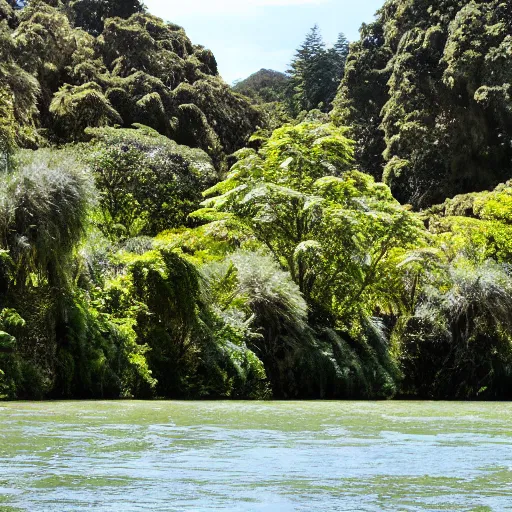 Image similar to From the pa we pulled up the Waiwhetu River, which there had lofty Rimu trees on its banks. The various bends were very beautiful and secluded, and seemed to be the home of the grey duck and teal, and numerous other wild fowl. Here and there, on the bank, was a patch of cultivation, and the luxuriant growth of potatoes, taros, and. Kumara, indicated the richness of the soil. As seen from the ship, or the hills, a lofty pine wood appeared to occupy the whole breadth and length of the Hutt Valley, broken only by the stream and its stony margin. This wood commenced about a mile from the sea, the intervening space being a sandy flat and a flax marsh. About the Lower Hutt and the Taita, it required a good axe-man to clear in a day a space large enough to pitch a tent upon. New Zealand. Aerial photography. Sunset, misty, wilderness.