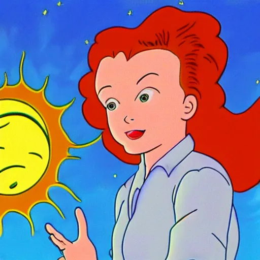 Image similar to screenshot of Ms. Frizzle accidentally ejecting a child into the sun, from The Magic School Bus (1994-1997), animated