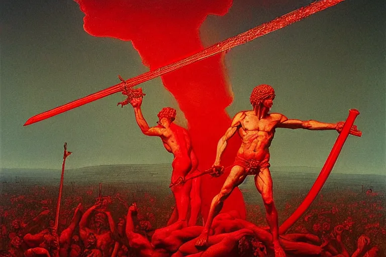 Image similar to only with red, a red melted apollo with a laurel wreath and a flaming sword announce the win, athens in the background, in the style of beksinski, part by hopper, part by rodcenko, part by hofbauer, intricate composition, red by caravaggio, insanely quality, highly detailed, masterpiece, red light, artstation