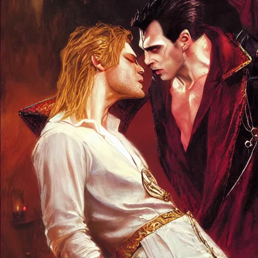 Image similar to attractive male, arthur pendragon confesses his love to attractive male dracula the vampire. highly detailed painting by gaston bussiere, craig mullins, j. c. leyendecker 8 k